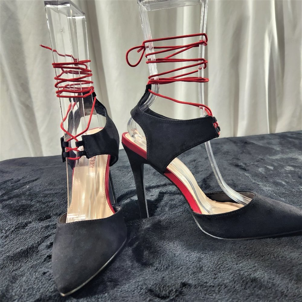 Red Cherry Black With Red Elastic Wrap Sandals With 4 1/2" Stiletto Heels